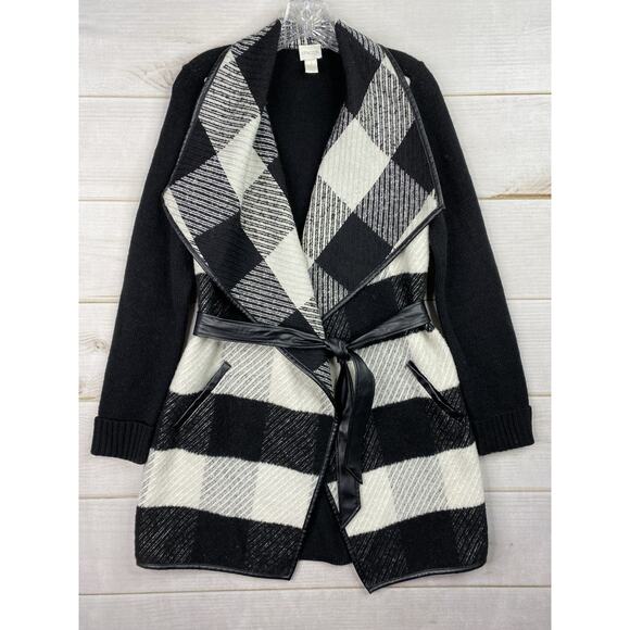 Chicos Cardigan Jacket Sz 1 US M 8/10 Black White Check Belted Wool Blend Knit - Picture 1 of 10
